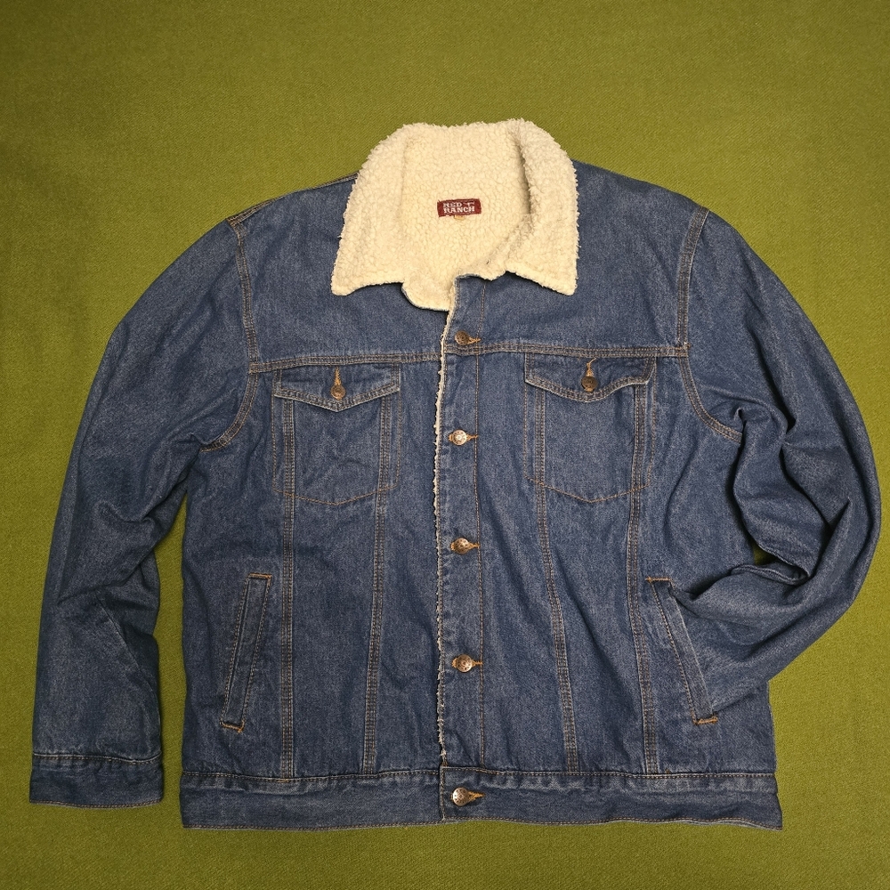Vintage Red Ranch Men Sherpa Lined Denim Jean Jacket Western Trucker Cowboy